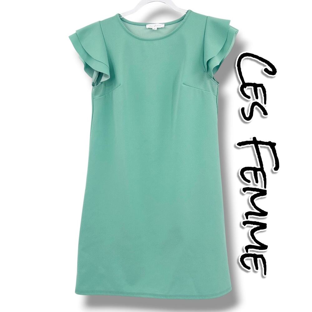 Ces Femme Mint Green Flutter Sleeve Shift Dress S Minimalist Spring Pastel Clean
